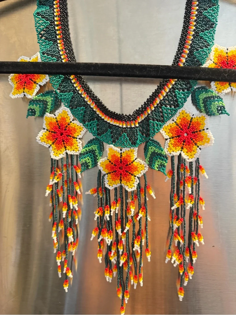 Handmade Floral Seed-Bead Necklace in Green with Yellow & Red Accents an Earrigs - Picture 6 of 9